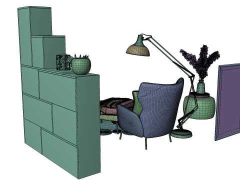 Cozy Reading Nook Scene with Armchair Floor Lamp and Bookshelf 3D Model