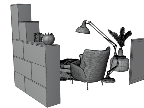 Cozy Reading Nook Scene with Armchair Floor Lamp and Bookshelf 3D 모델