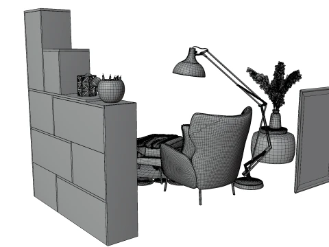 Cozy Reading Nook Scene with Armchair Floor Lamp and Bookshelf 3D Model