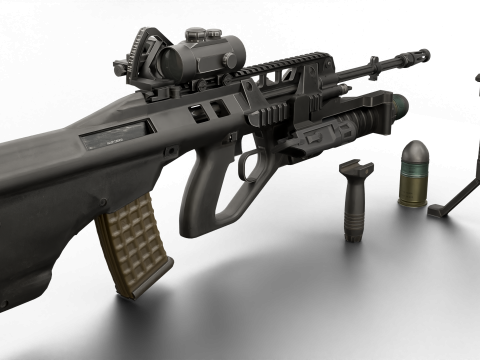 Realistic Tactical Assault Rifle Game Ready PBR Textured Grenade Launcher Red Dot Sight 3D Model
