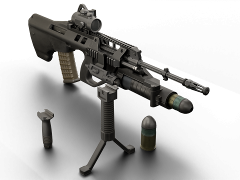 Realistic Tactical Assault Rifle Game Ready PBR Textured Grenade Launcher Red Dot Sight 3D Model