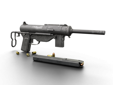 Vintage Submachine Weapon Foldable Stock Ammo Props Game Ready Model 3D