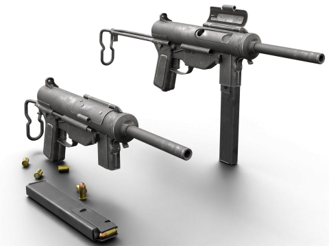 Vintage Submachine Weapon Foldable Stock Ammo Props Game Ready Model 3D
