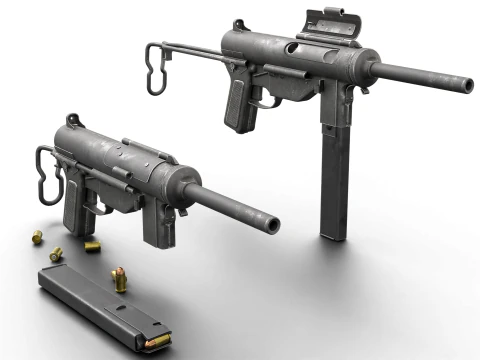 Vintage Submachine Weapon Foldable Stock Ammo Props Game Ready 3D Model