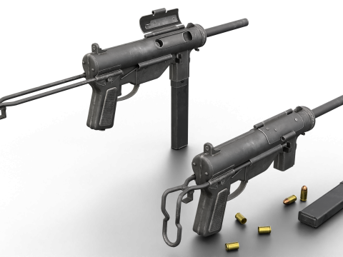 Vintage Submachine Weapon Foldable Stock Ammo Props Game Ready Model 3D