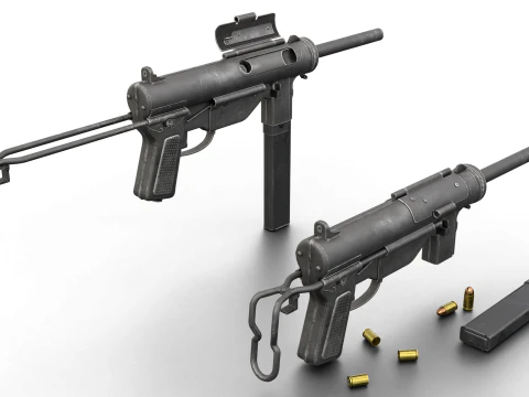 Vintage Submachine Weapon Foldable Stock Ammo Props Game Ready 3D Model