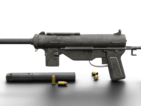 Vintage Submachine Weapon Foldable Stock Ammo Props Game Ready Model 3D