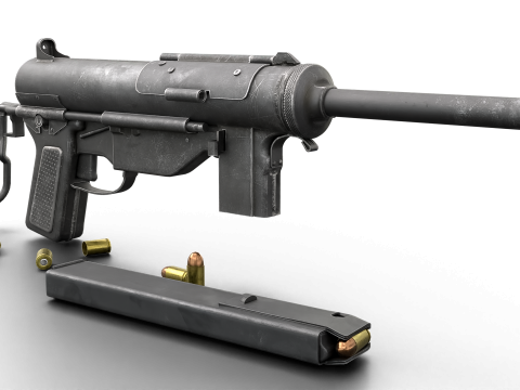 Vintage Submachine Weapon Foldable Stock Ammo Props Game Ready Model 3D