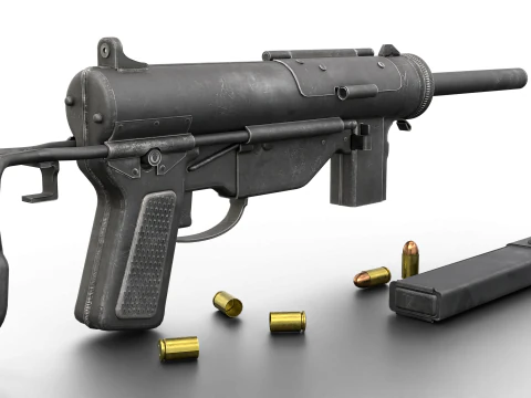 Vintage Submachine Weapon Foldable Stock Ammo Props Game Ready 3D Model
