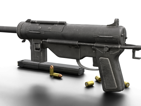 Vintage Submachine Weapon Foldable Stock Ammo Props Game Ready Model 3D