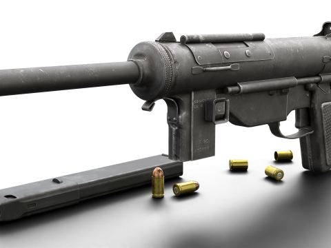 Vintage Submachine Weapon Foldable Stock Ammo Props Game Ready Model 3D