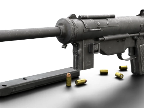Vintage Submachine Weapon Foldable Stock Ammo Props Game Ready 3D Model