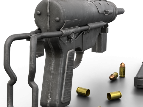 Vintage Submachine Weapon Foldable Stock Ammo Props Game Ready Model 3D
