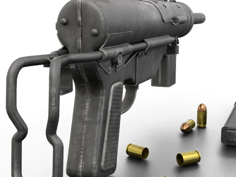 Vintage Submachine Weapon Foldable Stock Ammo Props Game Ready 3D Model
