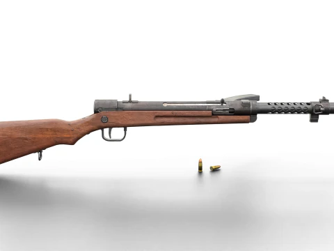 High quality vintage semi-automatic rifle with wooden stock and realistic bullets 3D Model
