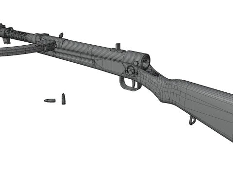 High quality vintage semi-automatic rifle with wooden stock and realistic bullets 3D Model