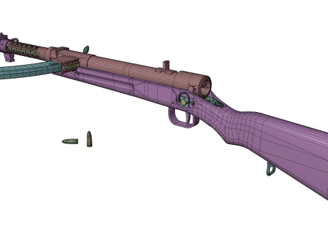 High quality vintage semi-automatic rifle with wooden stock and realistic bullets 3D Model