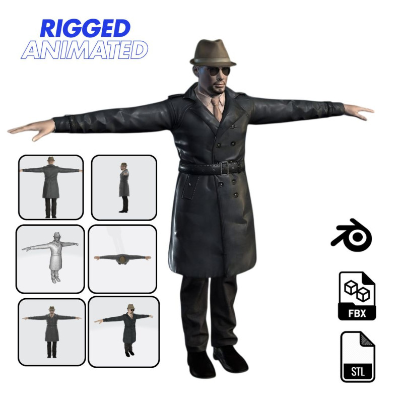 3D Character Model Middle-Aged Man in Trench Coat Model 3D .c4d .max .obj .3ds .fbx .stl .blend 