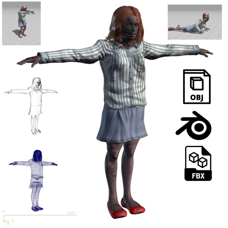 Rigged Animated Zombie Woman 3D Character 3D 模型 .c4d .max .obj .3ds .fbx .stl .blend