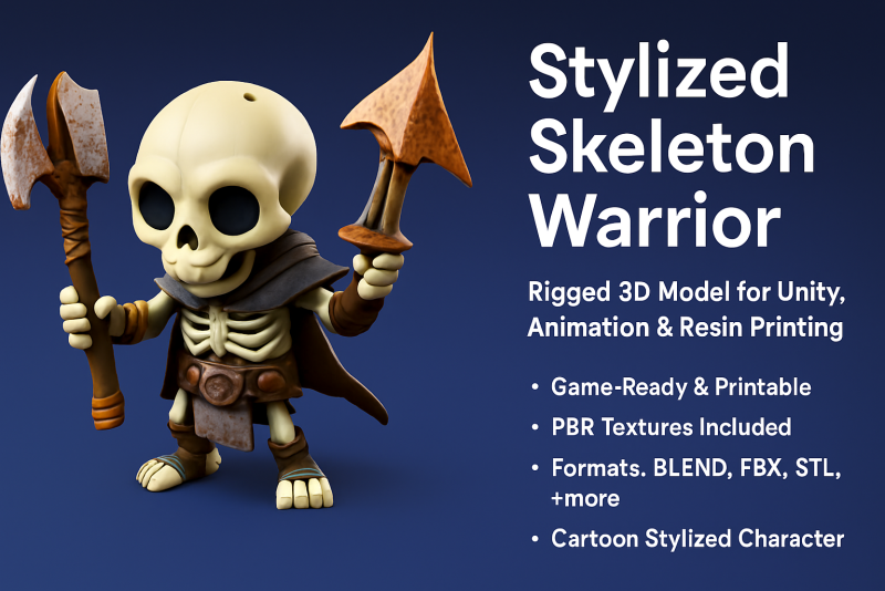 Cartoon Skeleton Warrior Stylized 3D Game Print Model 3D 3D Print Model .c4d .max .obj .3ds .fbx .stl .blend