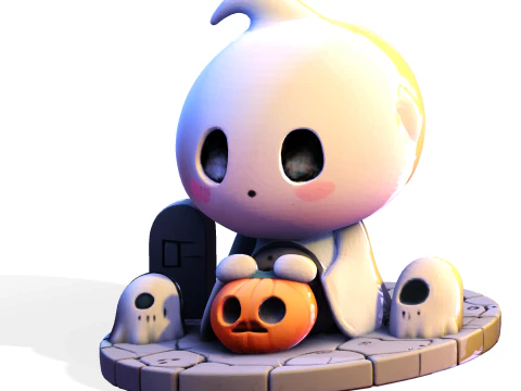 Призрак Хэллоуина в стиле чиби &mdash; милый низкополигональный материал, готовый к печати 3D Принт Модель