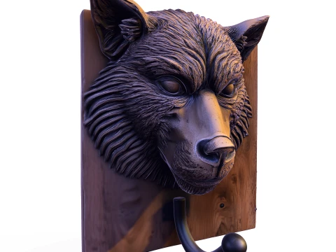 Realistic Wolf Head Wall Hook Plaque 3D Print Model