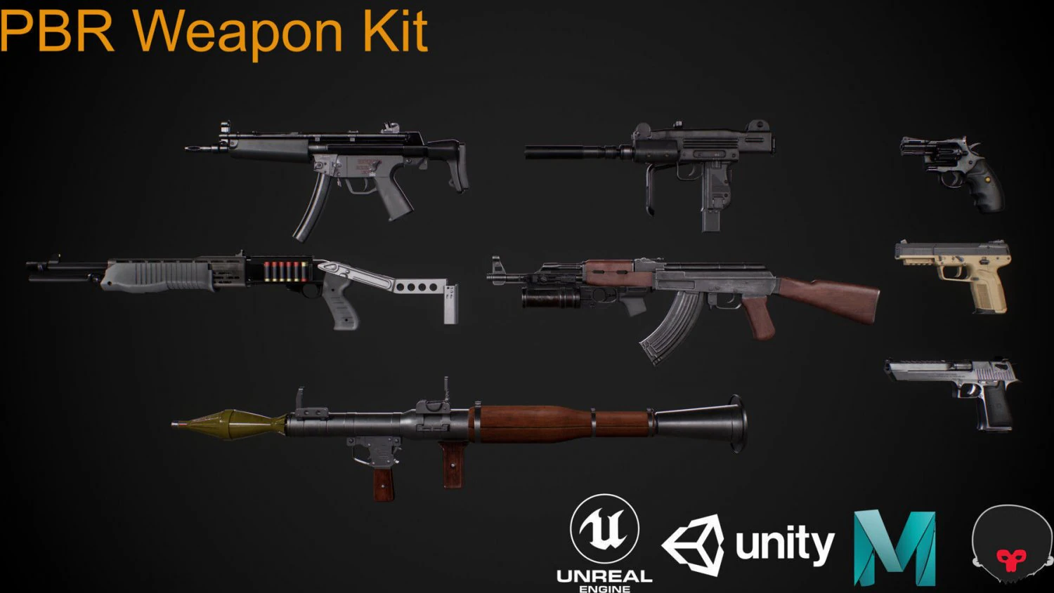 PBR Weapons pack vol 01 3D Model .c4d .max .obj .3ds .fbx .stl .blend 