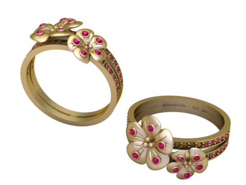 Bague en fleurs dor&eacute;es, bande de pierres pr&eacute;cieuses florales Modèle 3D