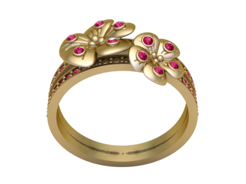 Golden Blossom Ring Floral Gemstone Band 3D Model