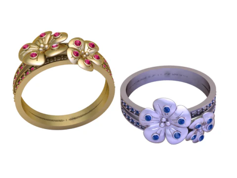 Golden Blossom Ring Floral Gemstone Band 3D Model