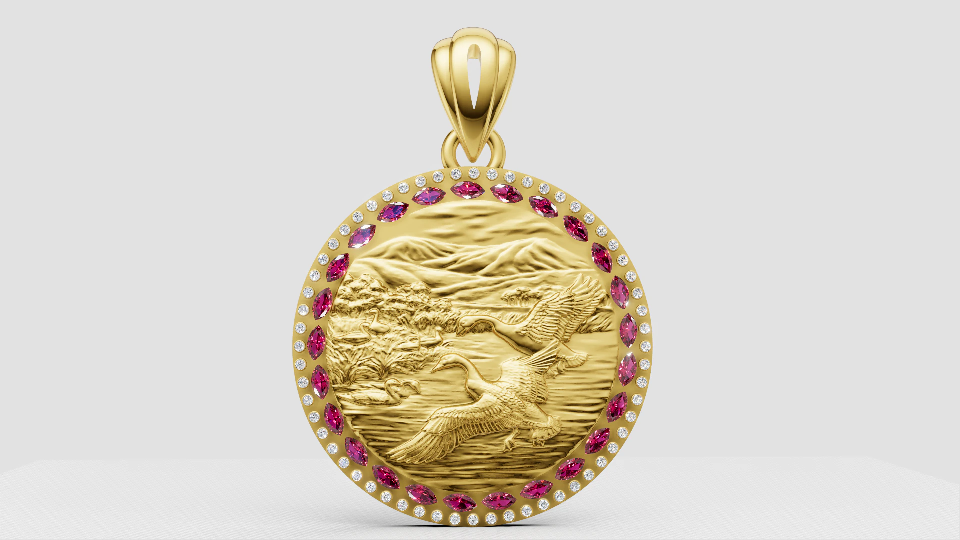 Luxury Flying Cranes Landscape Medallion Pendant 3D Model .c4d .max .obj .3ds .fbx .stl .blend 