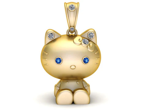 Luxury Golden Kitty Charm Pendant with Diamond Accents Sapphire Eyes 3D Print Model
