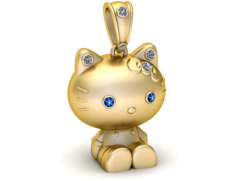 Luxury Golden Kitty Charm Pendant with Diamond Accents Sapphire Eyes 3D Print Model