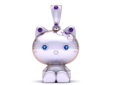 Luxury Golden Kitty Charm Pendant with Diamond Accents Sapphire Eyes 3D Print Model