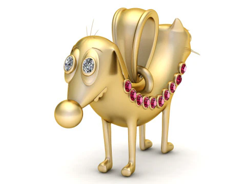 다이아몬드 눈 루비 칼라가 있는 로얄 강아지 골드 펜던트 3D 프린트 모델