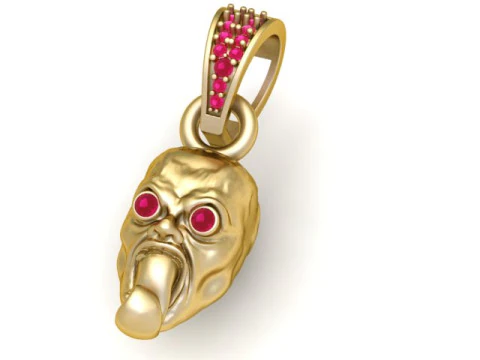 Gold Horror Face Pendant with Ruby Eyes and Tongue Detail 3D Model