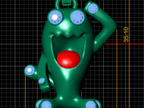 Giocoso ciondolo mostro in oro con occhi di rubino e dettaglio lingua Modello 3D