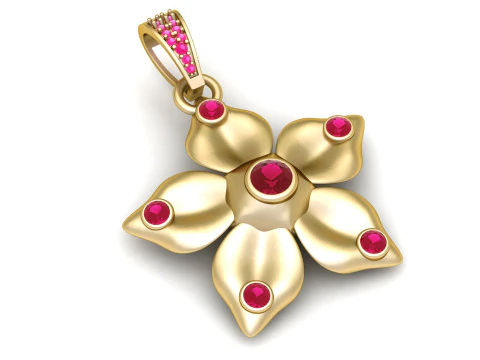 Liontin Bunga Emas Elegan dengan Aksen Safir Merah Muda Model 3D