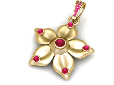 Elegant Gold Flower Pendant with Pink Sapphire Accents 3D Model