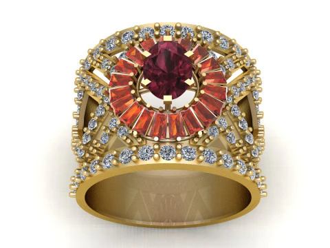Cincin Emas Indah dengan Safir Oranye Garnet Merah dan Aksen Berlian Model 3D