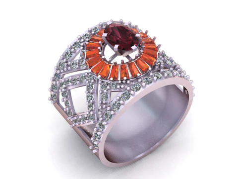 Exquisite Gold Ring with Red Garnet Orange Sapphires and Diamond Accents 3D Model