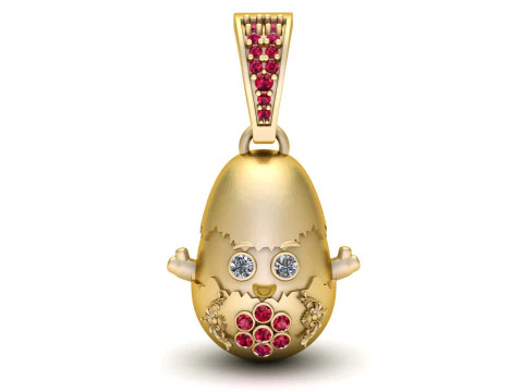 Luxe gouden ei-karakterhanger met diamanten ogen robijnsteencluster 3D printmodel