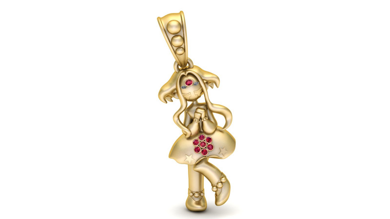 Luxury Gold Fantasy Girl Pendant with Ruby Gemstones 3D Print Model .c4d .max .obj .3ds .fbx .stl .blend 