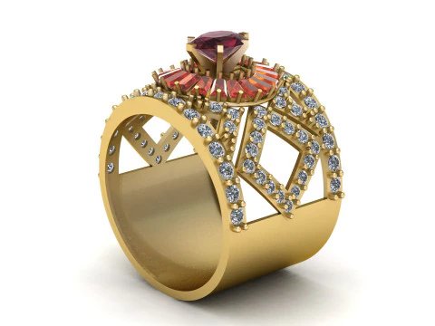 Royal Ruby Halo Ring with Baguette Diamond Pav Luxury 3D Printable Jewelry Model 3D Print Model