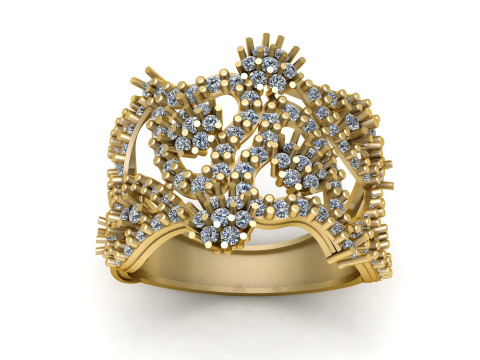 Anello di dichiarazione traforato con pav&eacute; di diamanti di lusso dal design floreale astratto in oro Modello di stampa 3D