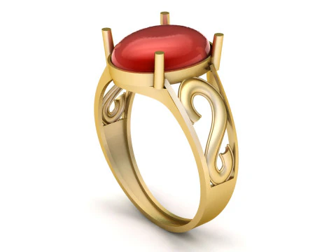 Elegant Ruby Cabochon Ring with Ornate Gold Scrollwork Luxury Statement Ring Design 3D Print Model
