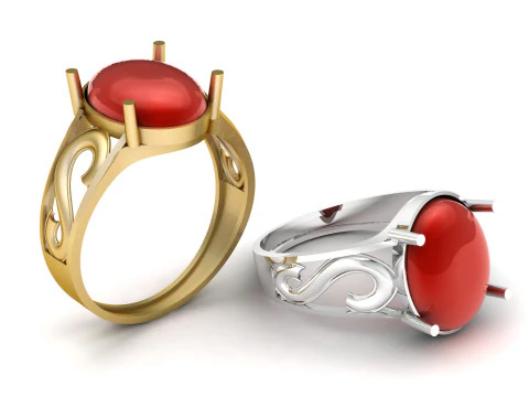 Elegant Ruby Cabochon Ring with Ornate Gold Scrollwork Luxury Statement Ring Design 3D Print Model