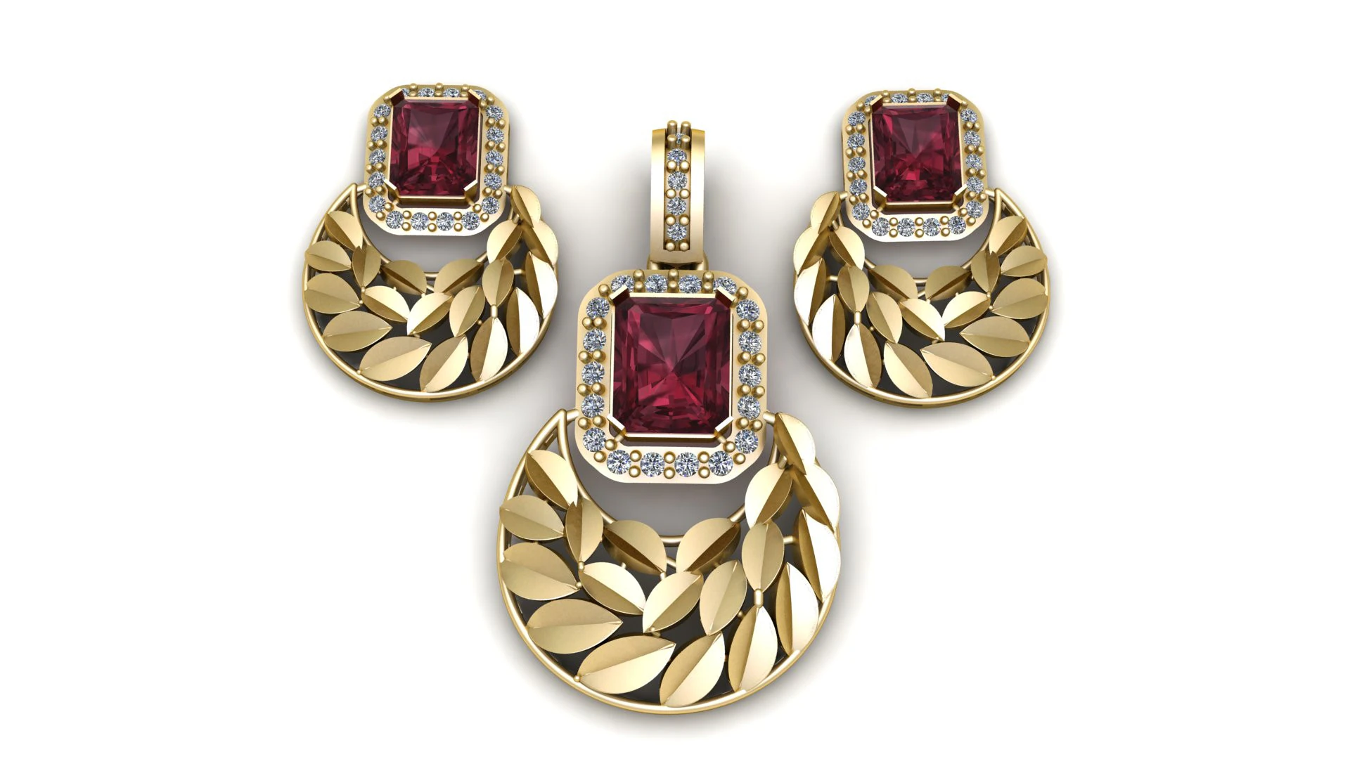 Luxury Ruby Leaf Pendant Earring Set Diamond Halo Statement Jewelry Design 3D Print Model .c4d .max .obj .3ds .fbx .stl .blend 