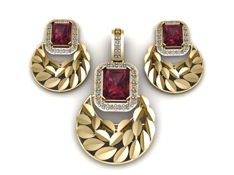 Conjunto de aretes con colgante de hoja de rub&iacute; de lujo, dise&ntilde;o de joyer&iacute;a llamativo con halo de diamantes Modelo de impresión 3D