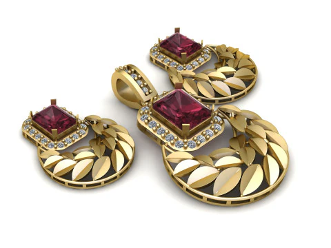 Luxury Ruby Leaf Pendant Earring Set Diamond Halo Statement Jewelry Design 3D Print Model